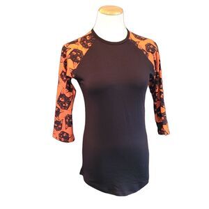 LulaRoe Randy Top Tee TShirt XXS Cat Print Black Orange 3/4 Sleeve Crew Neck